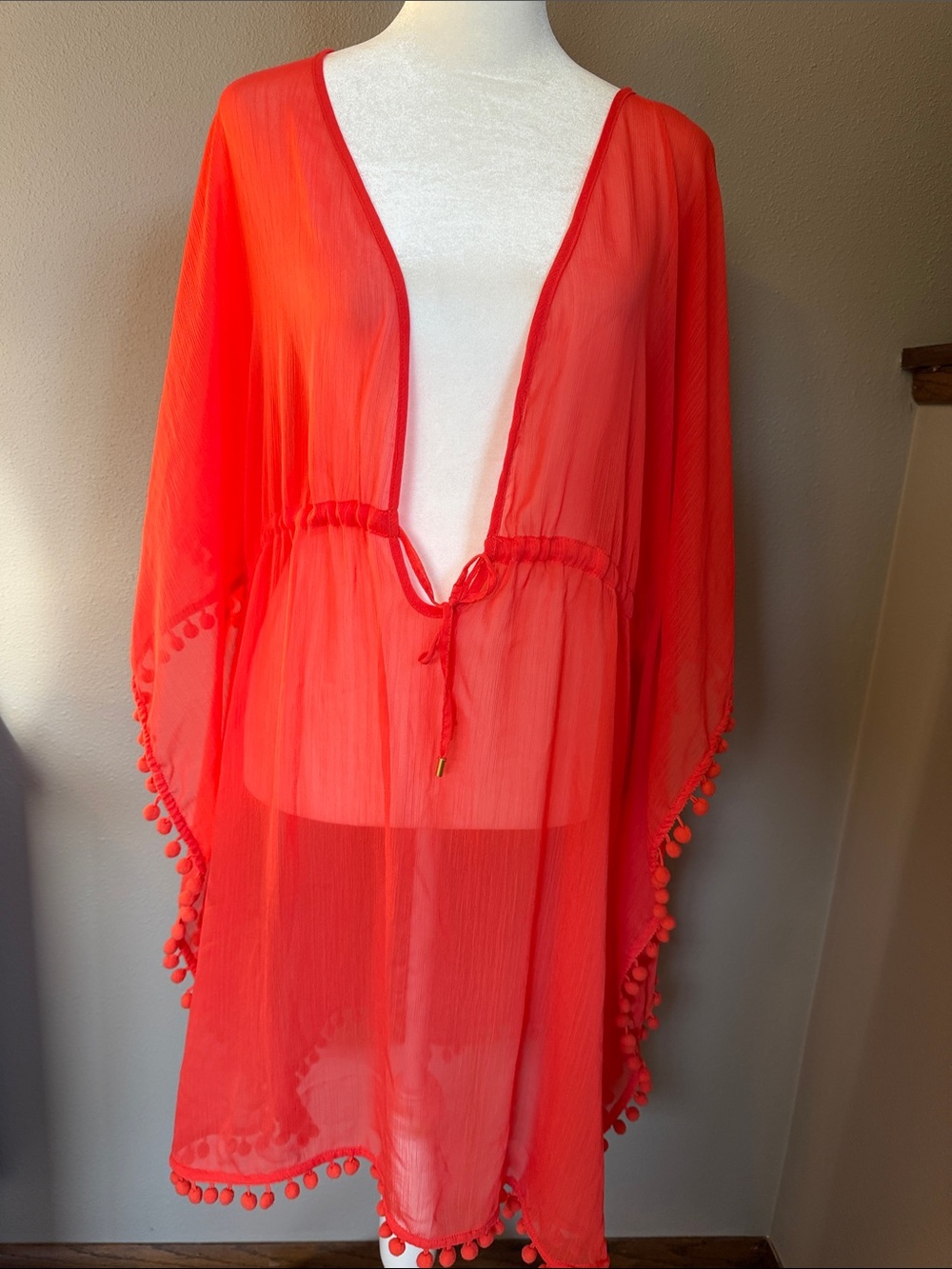 Bleu Rod Beattie Coral-Red Sheer Pom-Pom Swim Coverup